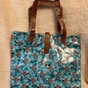 Brown and Blue Tote Bag with Bull Skull Design